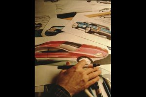 HERO!-Nissan-Design-sketches-on-drafting-table,-late-1980