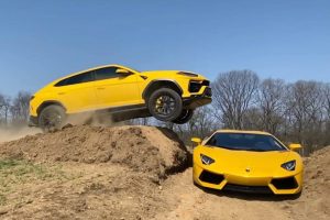 lamborghini urus jumps over aventador