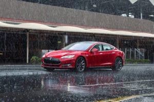 tesla model s in the rain