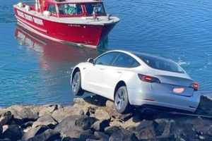 tesla model s nearly plummets to the sea