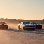 2019 Dodge Challenger R/T Scat Pack Widebody, SRT Hellcat Redeye Widebody, SRT Hellcat Widebody (from left to right)