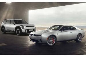 2024-dodge-charger-next-to-kia-ev9-suv