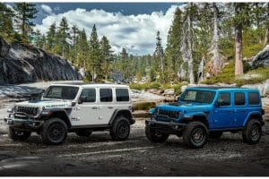 Rubicon 20th Anniversary editions: 2023 Jeep® Wrangler Rubicon 4xe (left) and 2023 Jeep Wrangler Rubicon 392